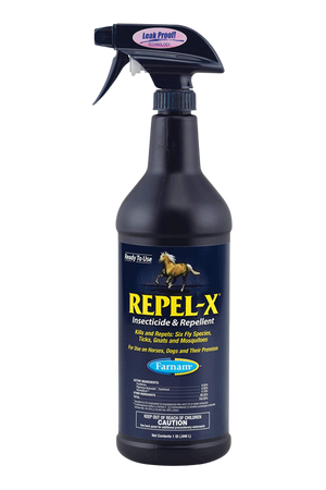 A black spray bottle labeled REPEL-X with yellow and white text detailing the product's use for insecticide and repellent.