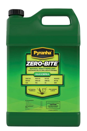 Pyranha Zero-Bite insect spray, one larger gallon-sized container and a smaller spray bottle, both green with product information and branding.