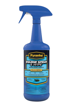 A blue spray bottle labeled 'Pyranha Equine Spray & Wipe' designed for use on animals.