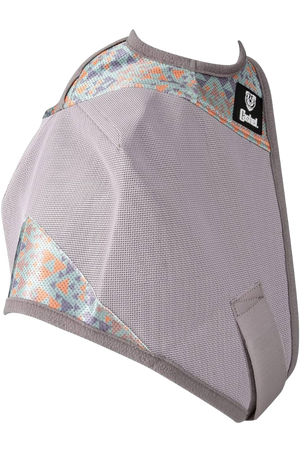 A gray horse fly mask covering the horse's eyes and head, with an open design at the front.