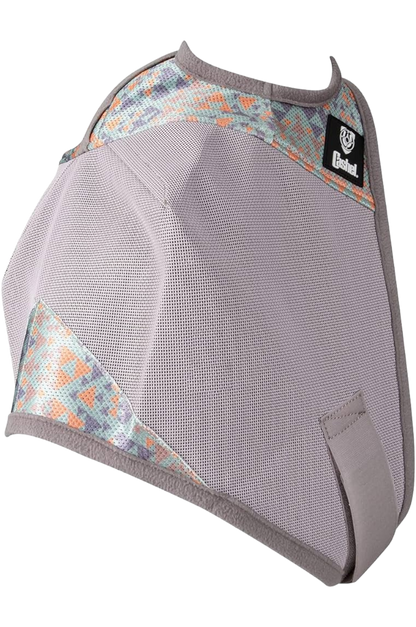 A gray horse fly mask covering the horse's eyes and head, with an open design at the front.