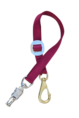 A burgundy/maroon nylon trailer tie with a bull snap on one end and a panic snap on the other.