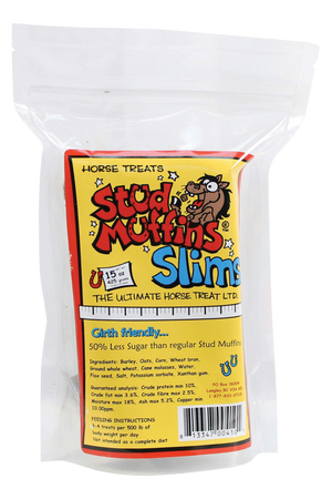 A package of SLIM STUD MUFFIN TREATS for horses, showing a white treat bag with product name and branding.