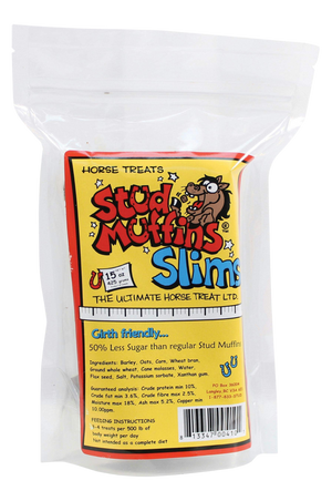 A package of SLIM STUD MUFFIN TREATS for horses, showing a white treat bag with product name and branding.