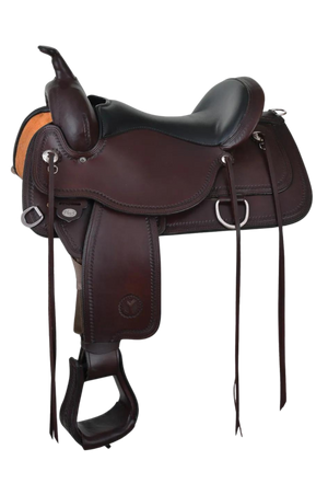 A black Circle Y Topeka Flex2 trail saddle with silver conchos and stainless steel hardware, featuring a full shell tooling design.