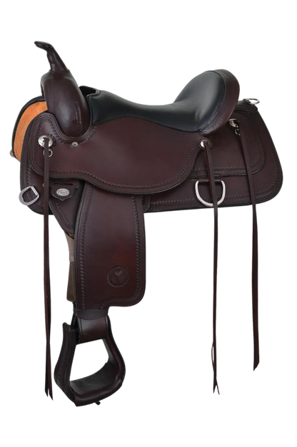 A black Circle Y Topeka Flex2 trail saddle with silver conchos and stainless steel hardware, featuring a full shell tooling design.