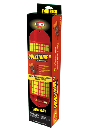 Packaging for QUIKSTRIKE fly abatement strips, showing a red and yellow design with product information and a twin pack label.
