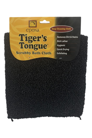 A black scrubby bath cloth packaged with product information visible.