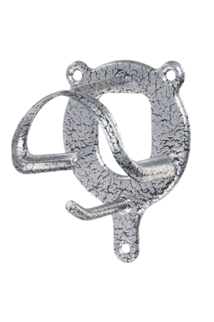 A silver hammered finish bridle holder designed for mounting on stall fronts.