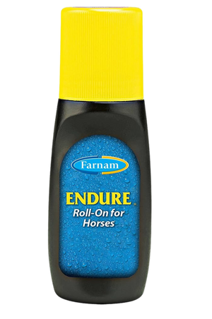 A black spray bottle labeled 'ENDURE' for use on horses, with a blue and green label detailing product information.