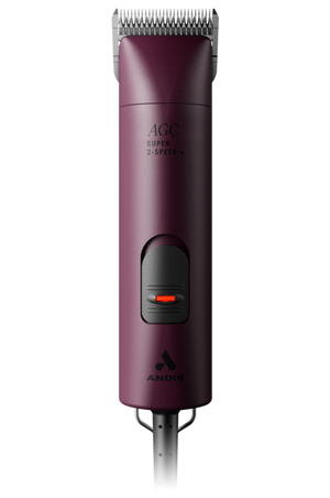A professional Andis clipper with a purple and black color scheme, featuring a 2-speed setting and a locking switch button. The clipper includes a size 10 UltraEdge blade and has a maintenance-free design with a sealed motor.