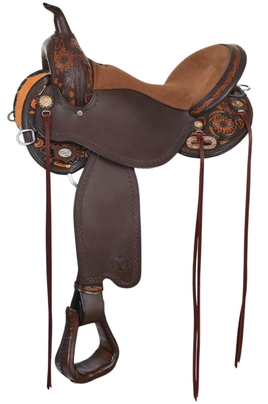 A brown western saddle with sunflower hand-tooling and turquoise patina copper berry hardware.