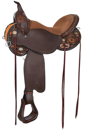 A brown western saddle with sunflower hand-tooling and turquoise patina copper berry hardware.