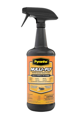 Two containers of Pyranha Nulli-Fly Fly Repellent Spray, a spray bottle and a gallon jug, with orange labels featuring product information.