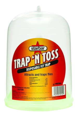 A white disposable fly trap with red and black labeling that reads 'TRAP N TOSS FLY TRAP', with additional text indicating it is a product for attracting and trapping flies.