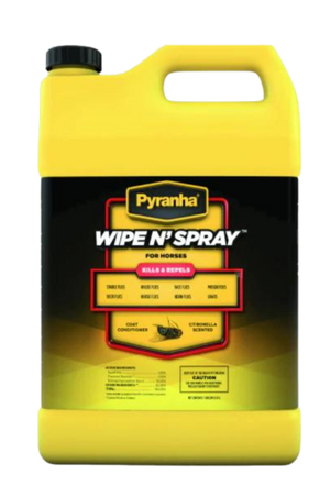 A yellow spray bottle labeled 'Pyranha Wipe N' Spray' with black text, used for animal fly protection and coat conditioning.