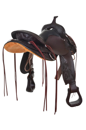 A trail saddle with a double padded seat, floral tooling, and stainless steel hardware.
