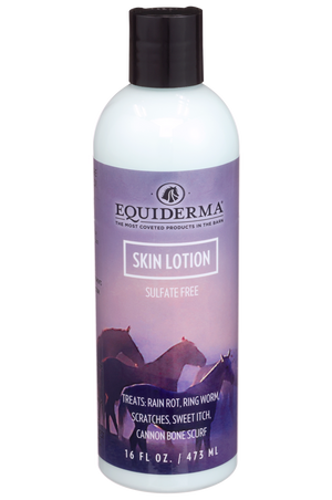 A bottle of Equiderma Skin Lotion with a label featuring an image of a horse.