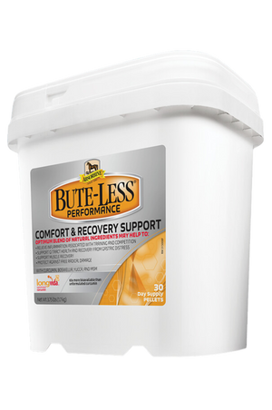 A tub of ABSORBINE BUTE-LESS PERFORMANCE horse supplement, with label detailing the product's benefits for horse comfort and recovery support.