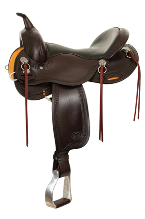A brown Circle Y Green Valley Trail saddle with brass details and stirrups.