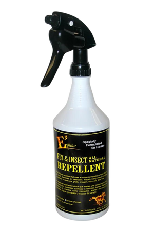 A spray bottle labeled 'Fly & Insect Repellent' with a combination of natural oils.