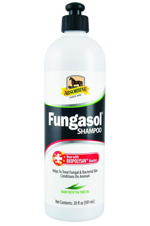 A bottle of ABSORBINE FUNGASOL SHAMPOO for horses, with product information and branding visible.