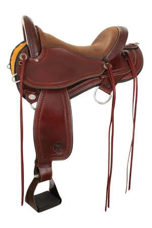 A brown Circle Y Grey Forest Flex2 Trail Saddle with a padded seat, iron slotted flower tree, and no horn.
