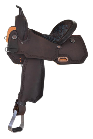 A brown barrel saddle with a chocolate suede seat, turquoise stitching, copper and turquoise conchos, and aluminum stirrups.
