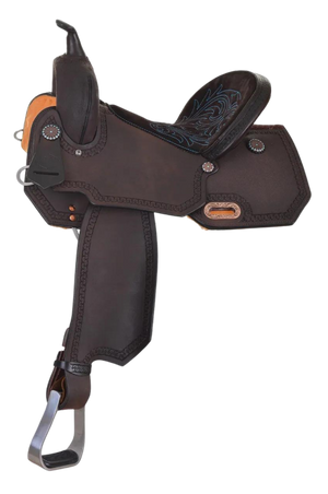 A brown barrel saddle with a chocolate suede seat, turquoise stitching, copper and turquoise conchos, and aluminum stirrups.