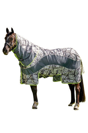 A mannequin horse wearing a gray camouflage fly sheet with orange trim.