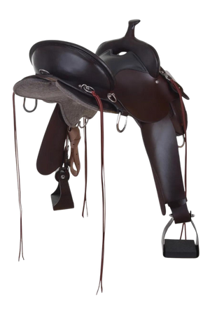 A brown Circle Y Little River Trail Saddle with a double padded seat, felt-lined skirt, stainless steel rings, and easy-care fleece.