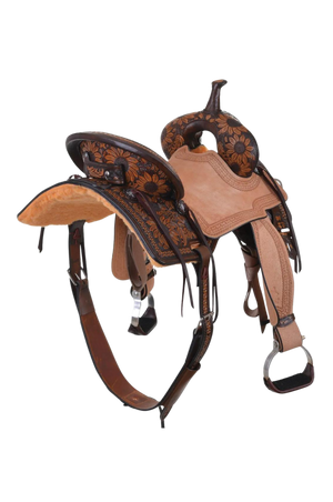 A brown western saddle with sunflower design and custom border tooling, including a matching flank cinch, made by Circle Y.