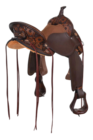 A brown western saddle with sunflower hand-tooling and turquoise patina copper berry hardware.