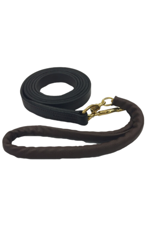A black leather horse lead with solid stainless steel chrome hardware and detailed stitching.