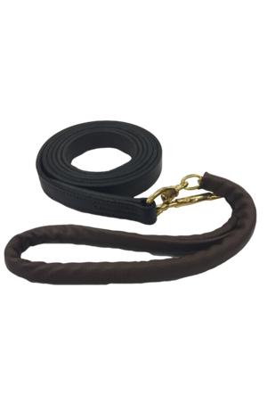 A black leather horse lead with solid stainless steel chrome hardware and detailed stitching.
