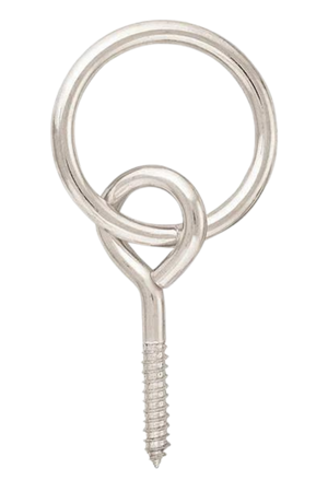 A silver-colored screw eye with ring designed for mounting or securing objects.