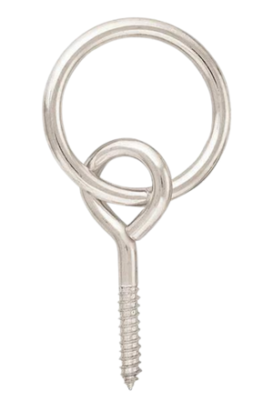 A silver-colored screw eye with ring designed for mounting or securing objects.