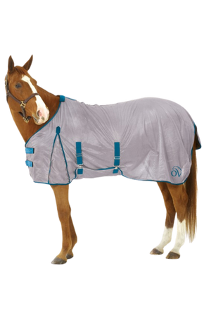 A horse wearing a grey and blue fly sheet with belly cover and leg straps.