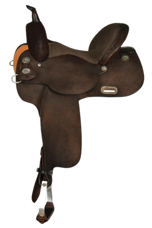 A brown Circle Y Kelly Kaminski barrel saddle with a wooden tree, designed for western riding.