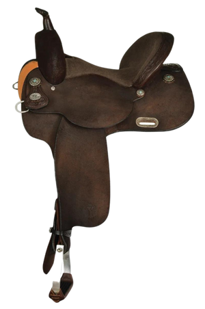 A brown Circle Y Kelly Kaminski barrel saddle with a wooden tree, designed for western riding.