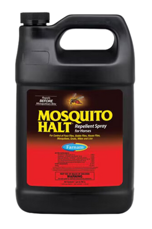 A black spray bottle labeled 'MOSQUITO HALT' with red and yellow text, indicating it is a insect repellent for horses.