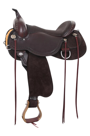 A chocolate brown Circle Y Harper Flex 2 Hybrid Trail Saddle with a brown suede seat, brown straps, and metal hardware.