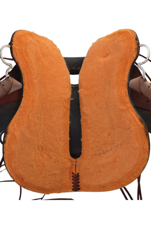 A trail saddle with a double padded seat, floral tooling, and stainless steel hardware.