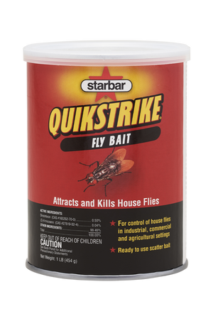 A container of QUIKSTRIKE FLY BAIT by Starbar, designed for attracting and killing house flies.