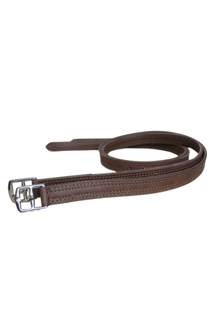 A black exercise leather stirrup for horses, showing the side profile with reinforced stitching and a metal buckle.