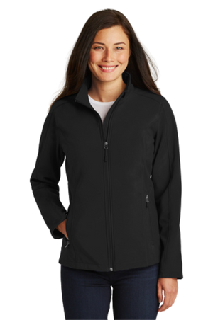 softshell jacket with a zip-through cadet collar, chin guard, and front zippered pockets.