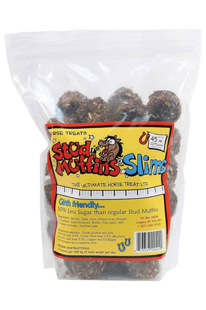 A package of SLIM STUD MUFFIN TREATS for horses, showing a white treat bag with product name and branding.