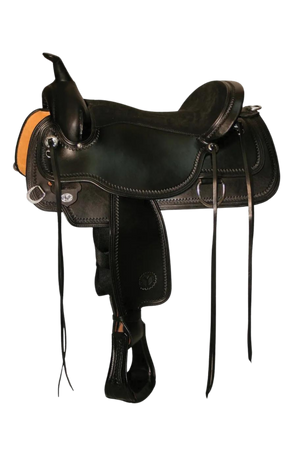 A black Circle Y Topeka Flex2 trail saddle with silver conchos and stainless steel hardware, featuring a full shell tooling design.