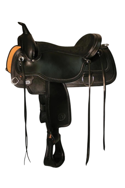 A black Circle Y Topeka Flex2 trail saddle with silver conchos and stainless steel hardware, featuring a full shell tooling design.