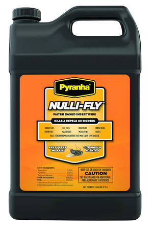 Two containers of Pyranha Nulli-Fly Fly Repellent Spray, a spray bottle and a gallon jug, with orange labels featuring product information.